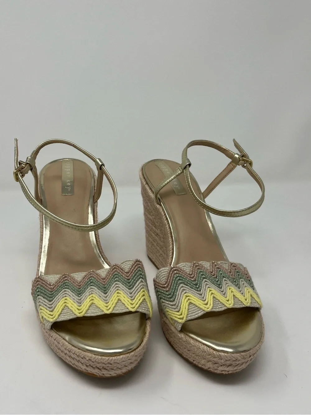 Copper Key Espadrille Wedge Sandals Size 9.5 Pastel Chevron Platform Heels Boho